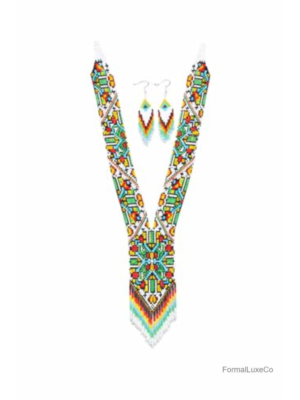 Handmade Long Statement Beaded Necklace Native Tribal Style
